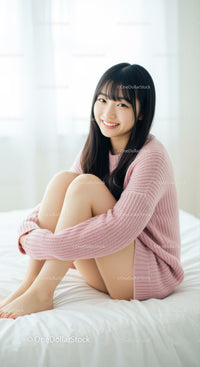 Young Woman Sitting on Bed Wearing Pink Sweater in Bright Room