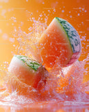 Juicy Watermelon Slices Splashing with Water in Bright Orange Background