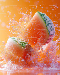 Juicy Watermelon Slices Splashing with Water in Bright Orange Background