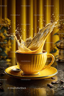 Vibrant Coffee Splash in Yellow Ceramic Cup with Beans and Splash Effect