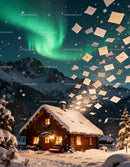 Cozy snowy cabin with northern lights and flying letters