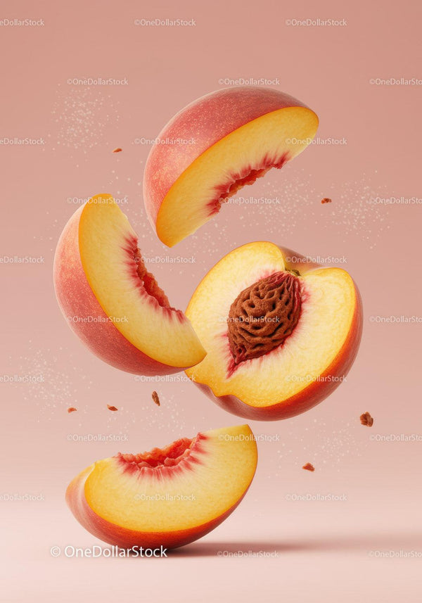 Fresh sliced peach with pit in midair