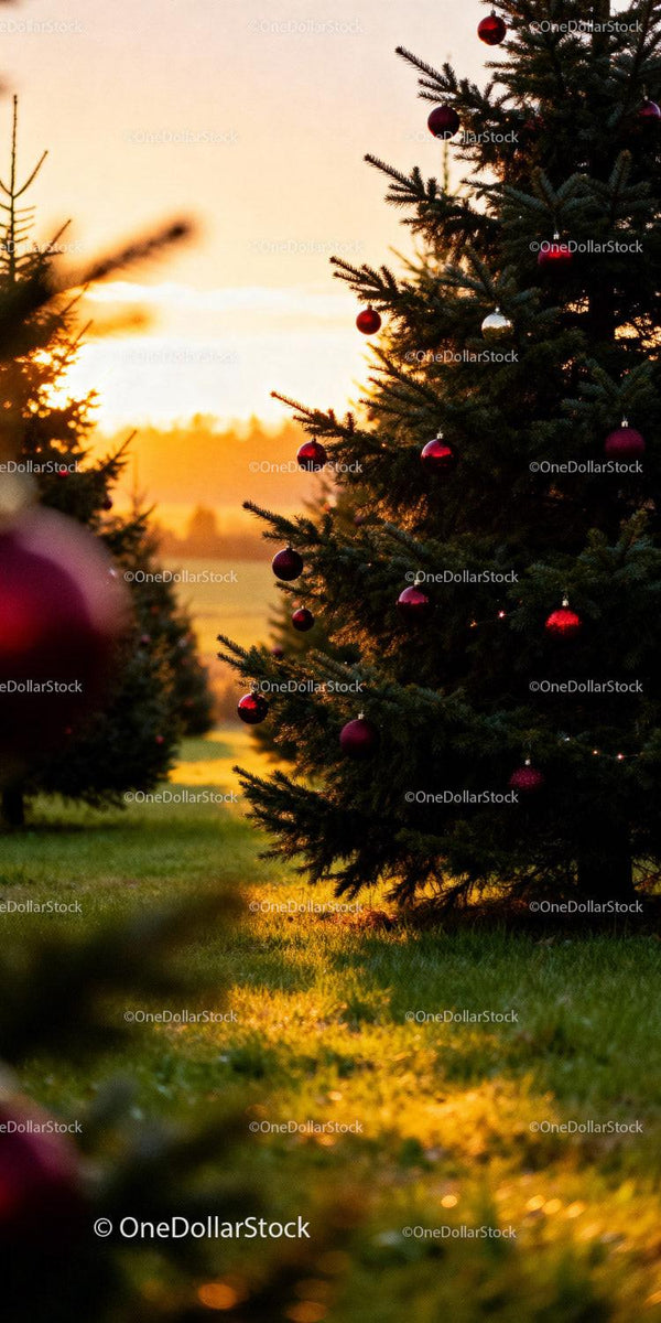 Outdoor Christmas trees decorated at golden sunset