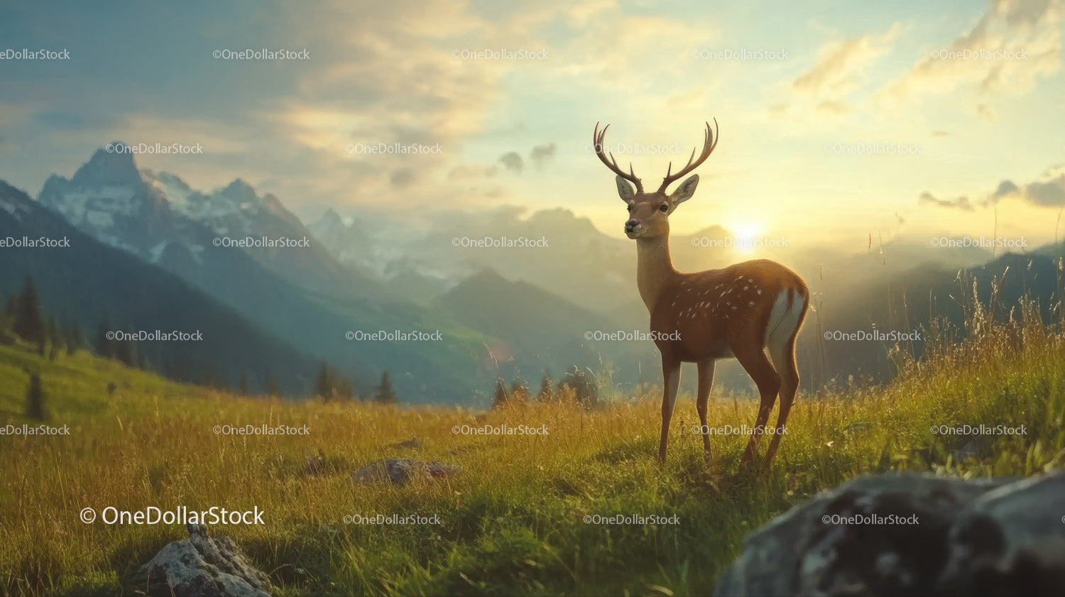Majestic Deer in Mountain Meadow at Sunset