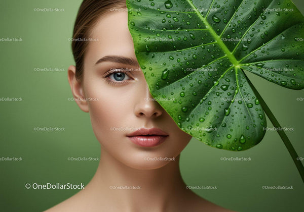 Young Woman with Clear Skin and Large Green Leaf with Water Droplets