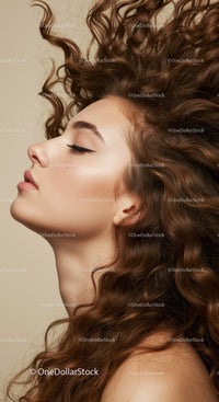 Profile of calm young woman with voluminous curly hair
