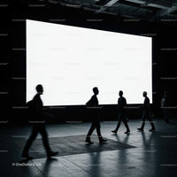 Silhouettes of people walking past a large blank screen