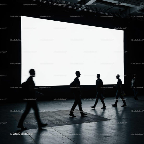 Silhouettes of people walking past a large blank screen JPG Mockup Image
