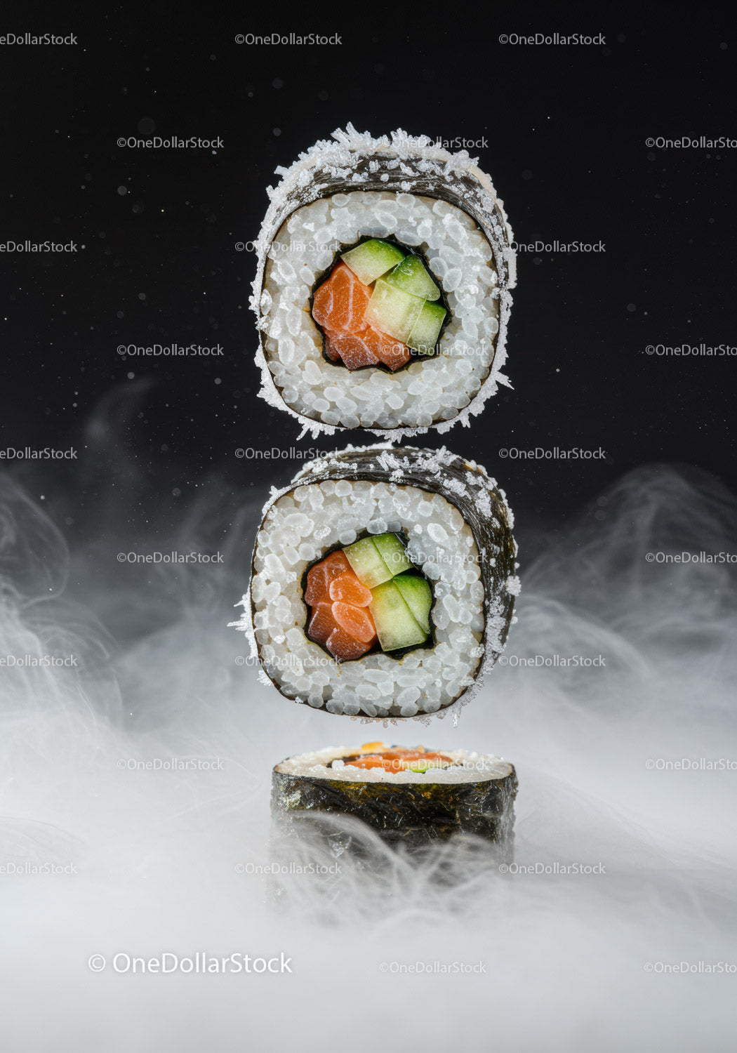 Fresh salmon and cucumber sushi rolls with smoky effect