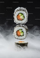 Fresh salmon and cucumber sushi rolls with smoky effect