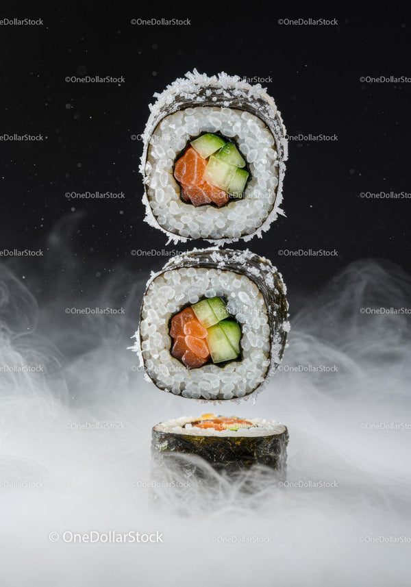Fresh salmon and cucumber sushi rolls with smoky effect