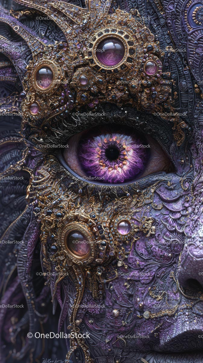Close-up of an Artistic Steampunk Face with Purple Eye and Gold Jewelry