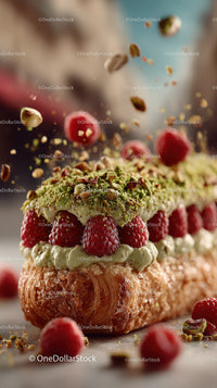 Fresh Raspberries and Pistachios Topping on Berry Cake