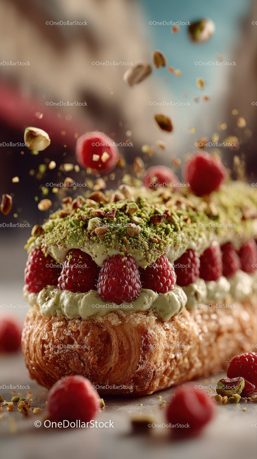 Fresh Raspberries and Pistachios Topping on Berry Cake