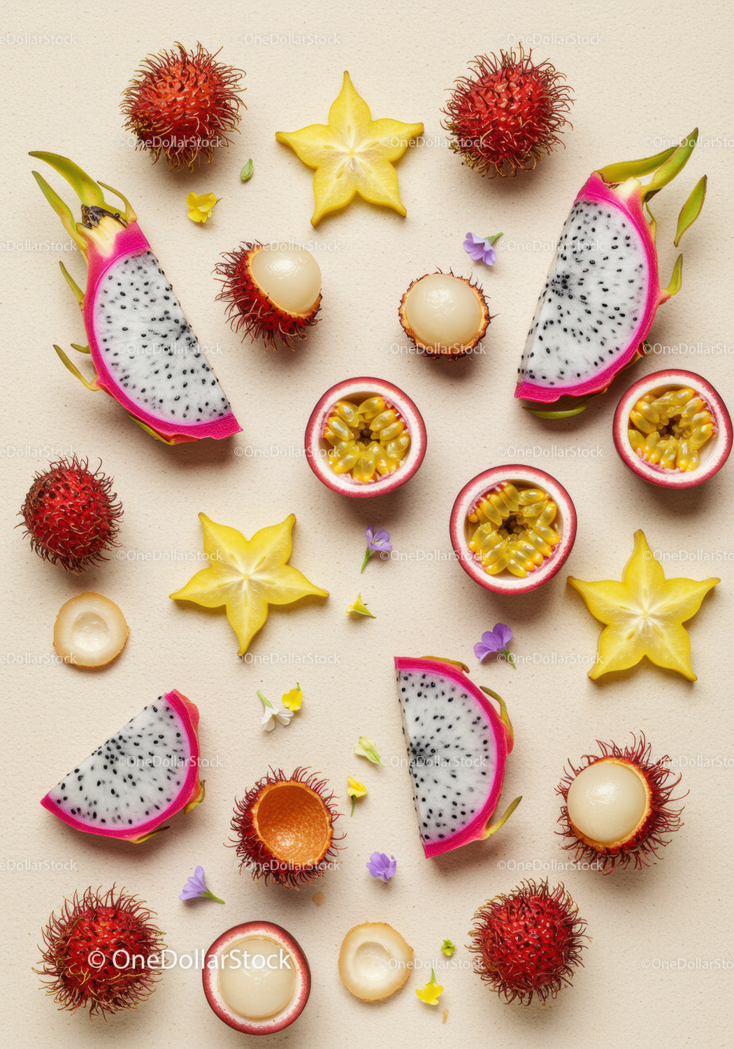 Variety of exotic fruits on neutral background