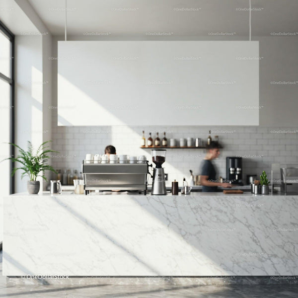 Minimalist coffee bar interior with modern espresso machine JPG Mockup Image