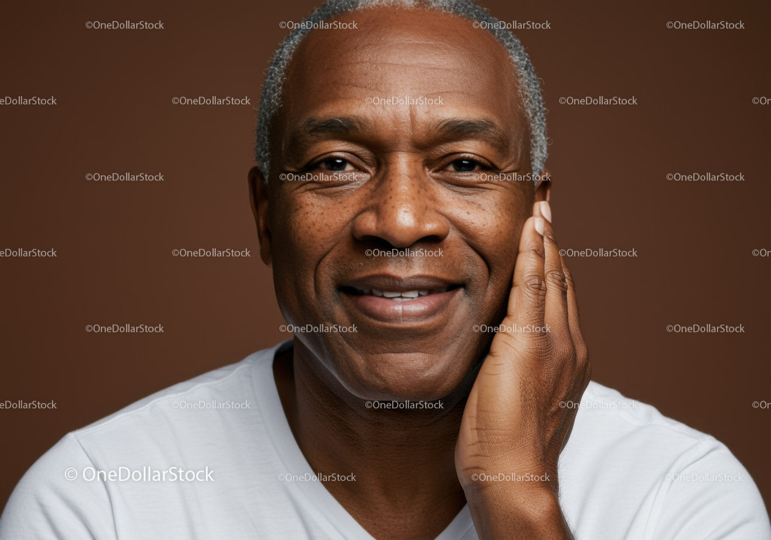 Elderly Man Smiling Touching Face Portrait with Warm Background
