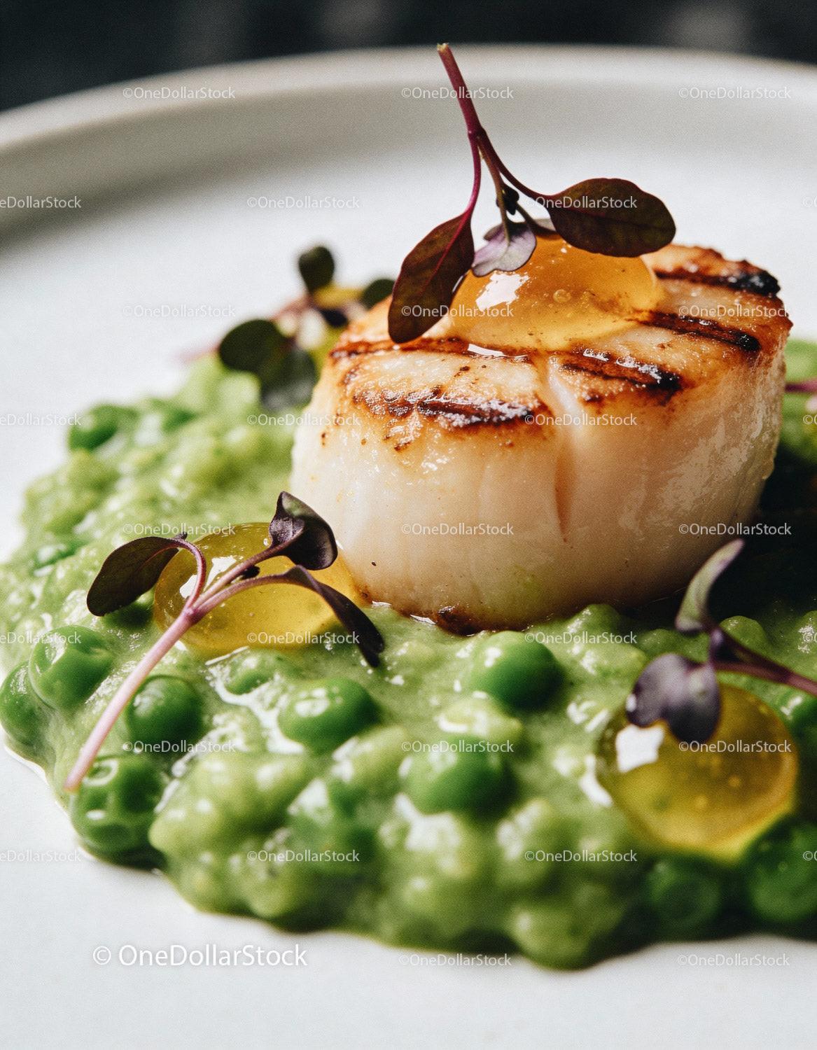 Seared Scallop on Green Pea Puree with Microgreens