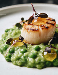 Seared Scallop on Green Pea Puree with Microgreens