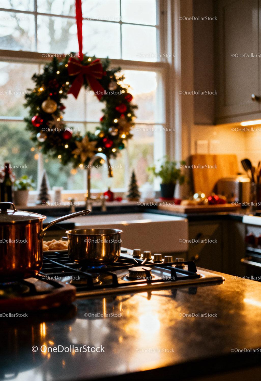 Cozy Kitchen with Christmas Wreath and Cooking Pots