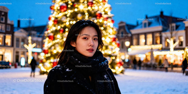 Young woman enjoying festive winter evening outdoors