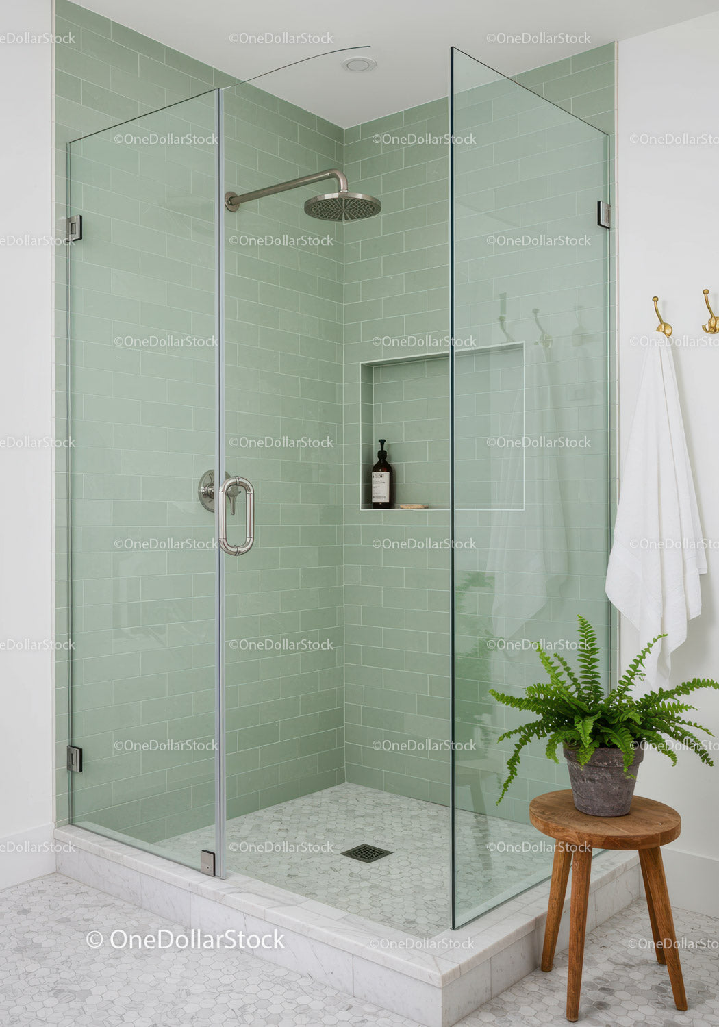 Modern Glass Shower Enclosure with Soft Green Tiles