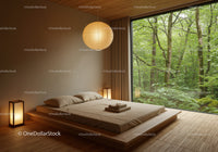Minimalist bedroom with forest view and warm lighting
