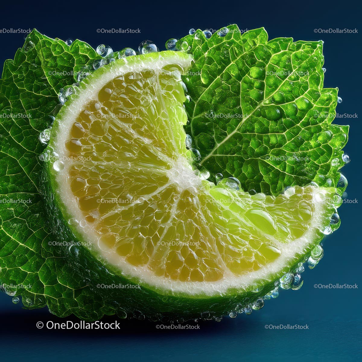 Close-Up of Fresh Lime with Mint Leaf and Water Droplets
