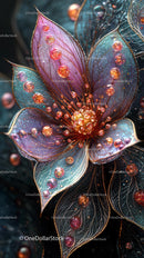 Elegant Glass Flower with Iridescent Leaves and Sparkling Droplets