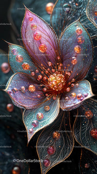 Elegant Glass Flower with Iridescent Leaves and Sparkling Droplets