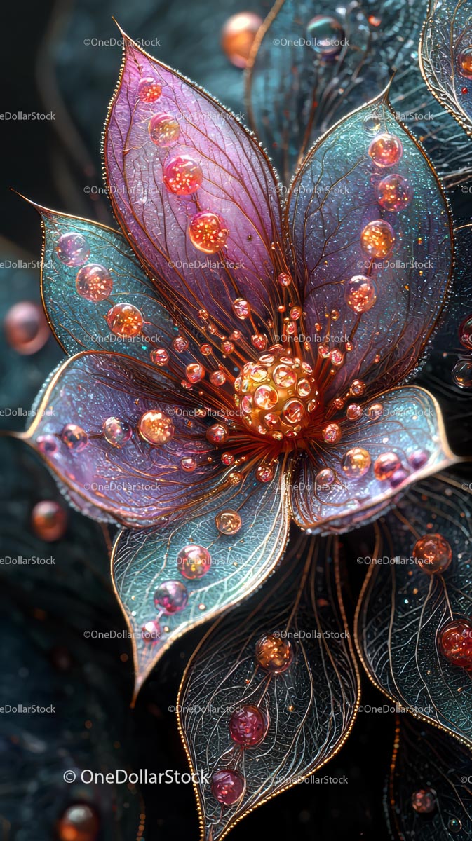 Elegant Glass Flower with Iridescent Leaves and Sparkling Droplets