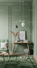Stylish Green Living Room with Modern Decor and Wooden Furniture
