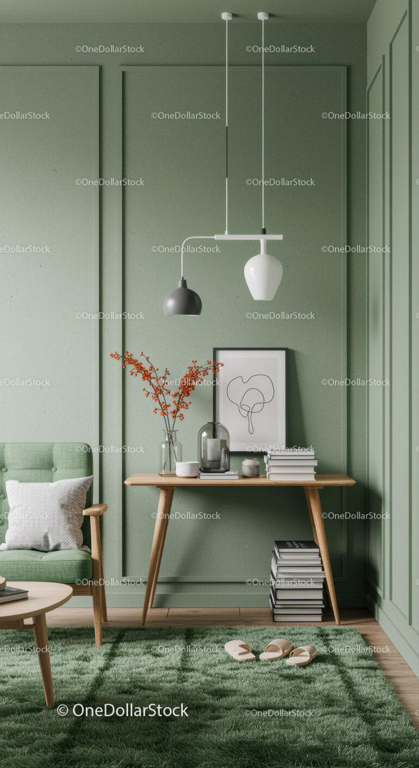 Stylish Green Living Room with Modern Decor and Wooden Furniture