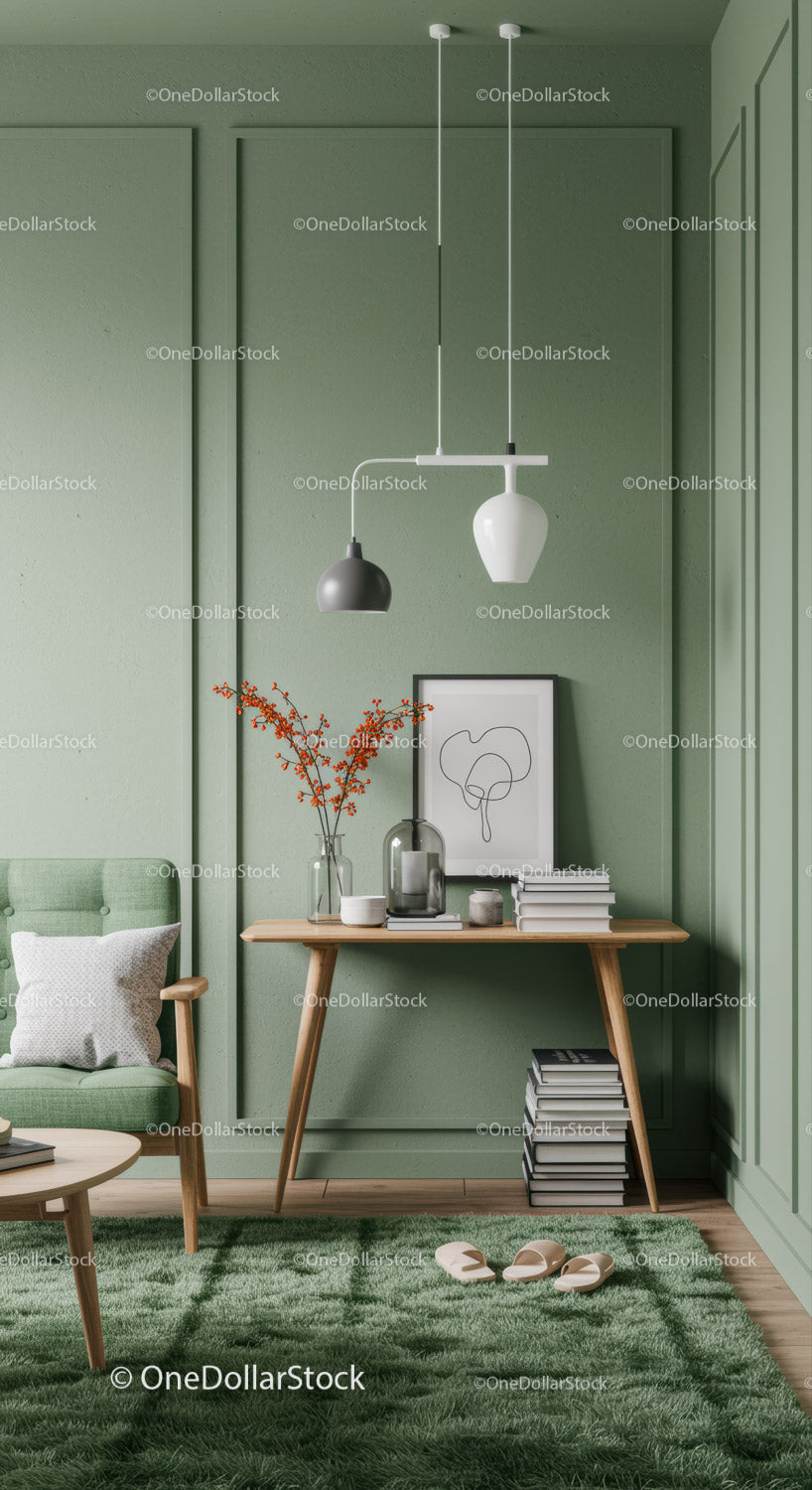 Stylish Green Living Room with Modern Decor and Wooden Furniture
