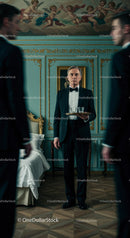 Elegant Waiter in a Luxurious Vintage Setting Serving Drinks
