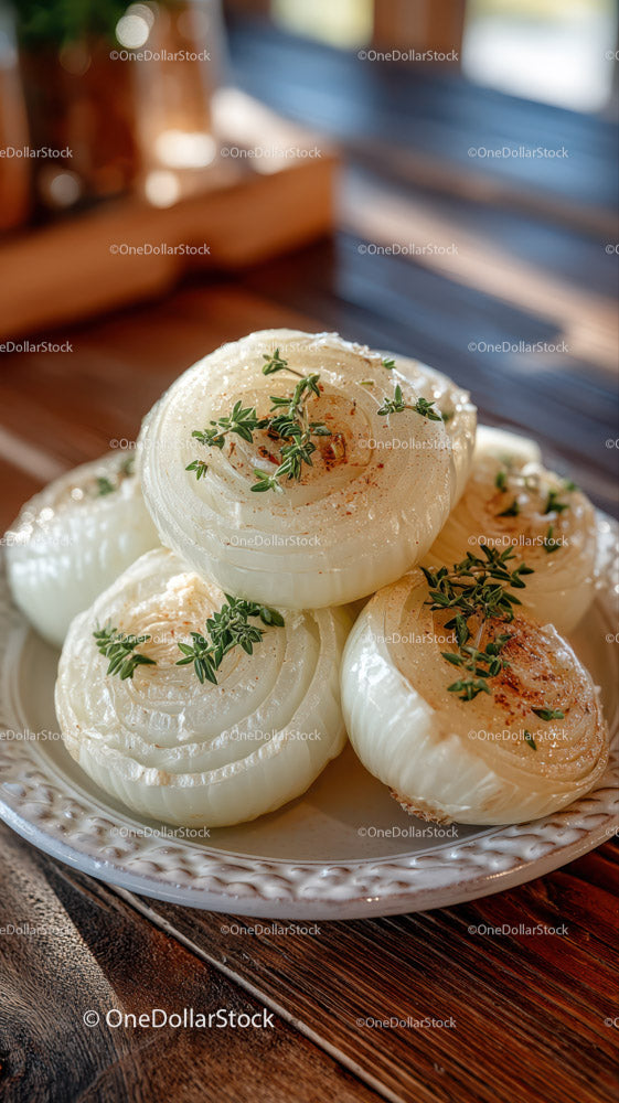 Roasted Onion Halves with Thyme on Rustic Wooden Table
