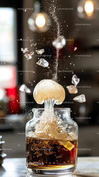 Fizzing Cola Explosion with Ice Cubes and Bubbles