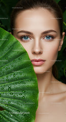 Beautiful Woman with Blue Eyes and Green Tropical Leaf Close Up