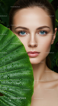 Beautiful Woman with Blue Eyes and Green Tropical Leaf Close Up