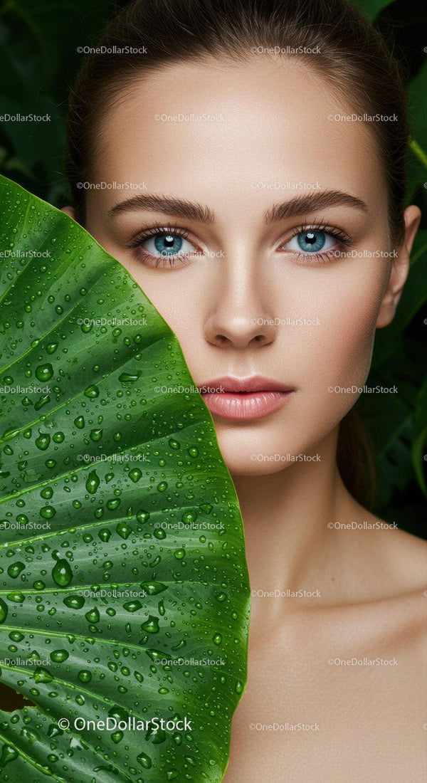 Beautiful Woman with Blue Eyes and Green Tropical Leaf Close Up