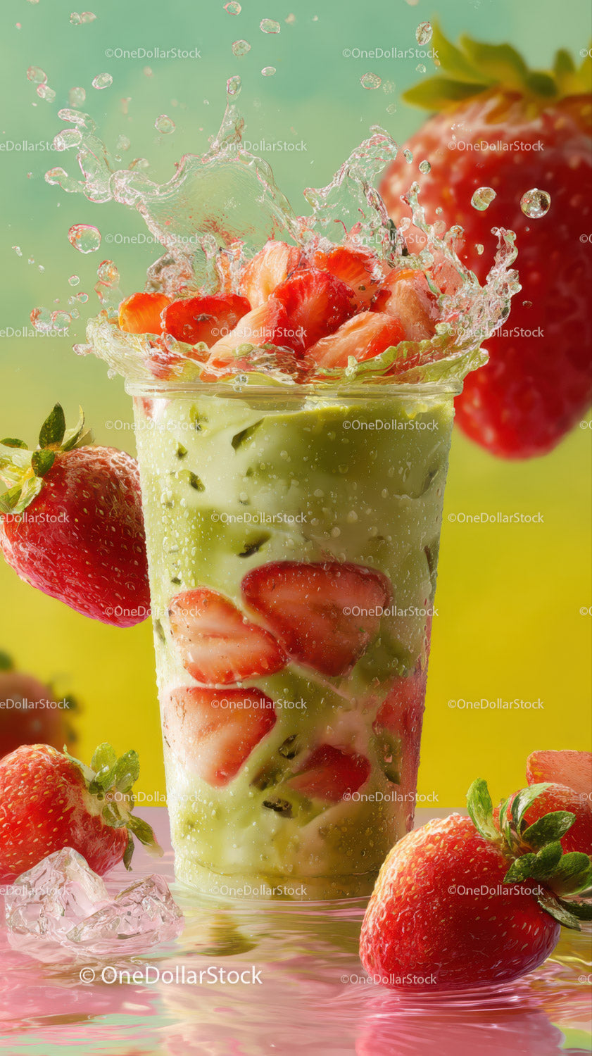 Strawberry and Fruit Drink with Ice Cubes in Tall Glass