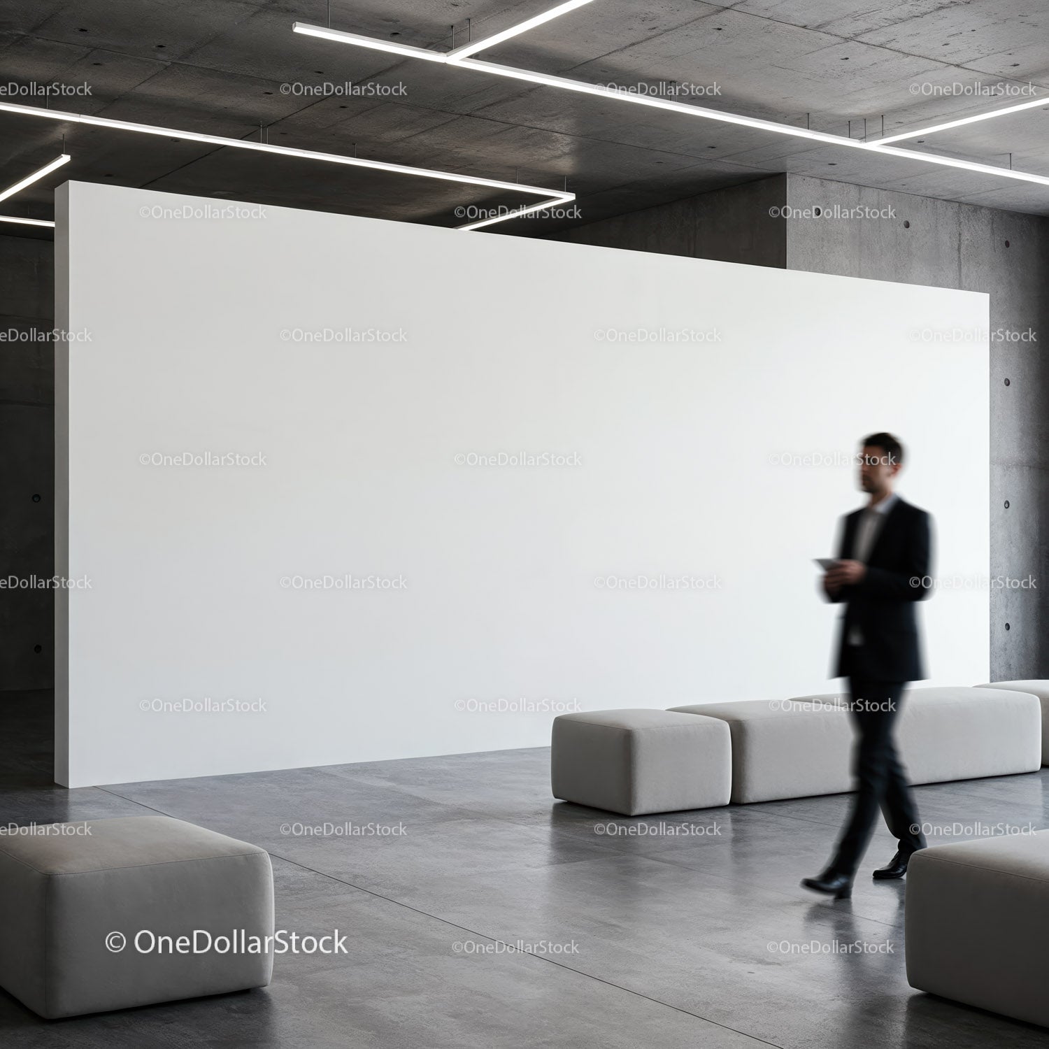 Businessman walking in modern minimalistic lobby space