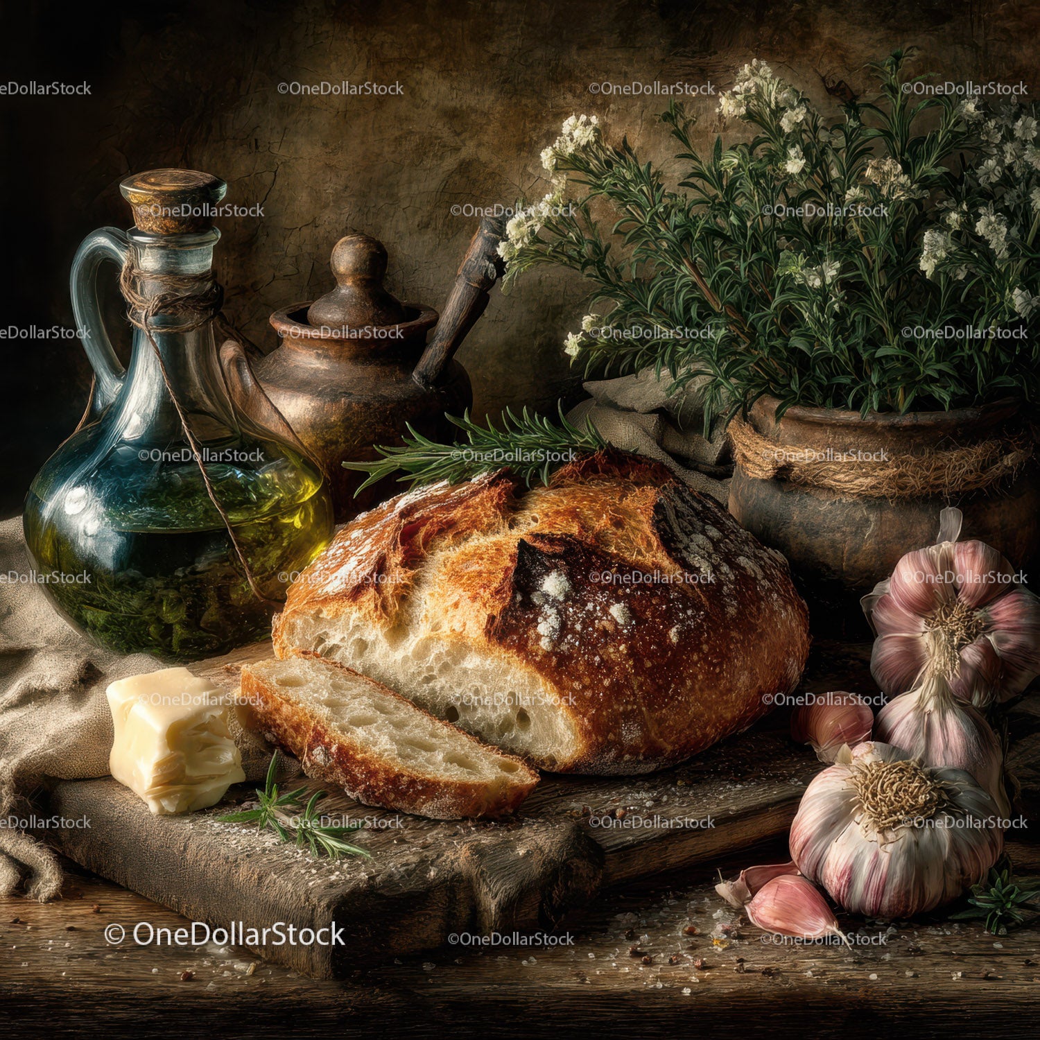 Rustic loaf of bread with garlic and herbs on wooden cutting board