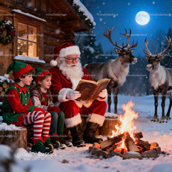 Santa Claus Reading Stories by Campfire with Elves