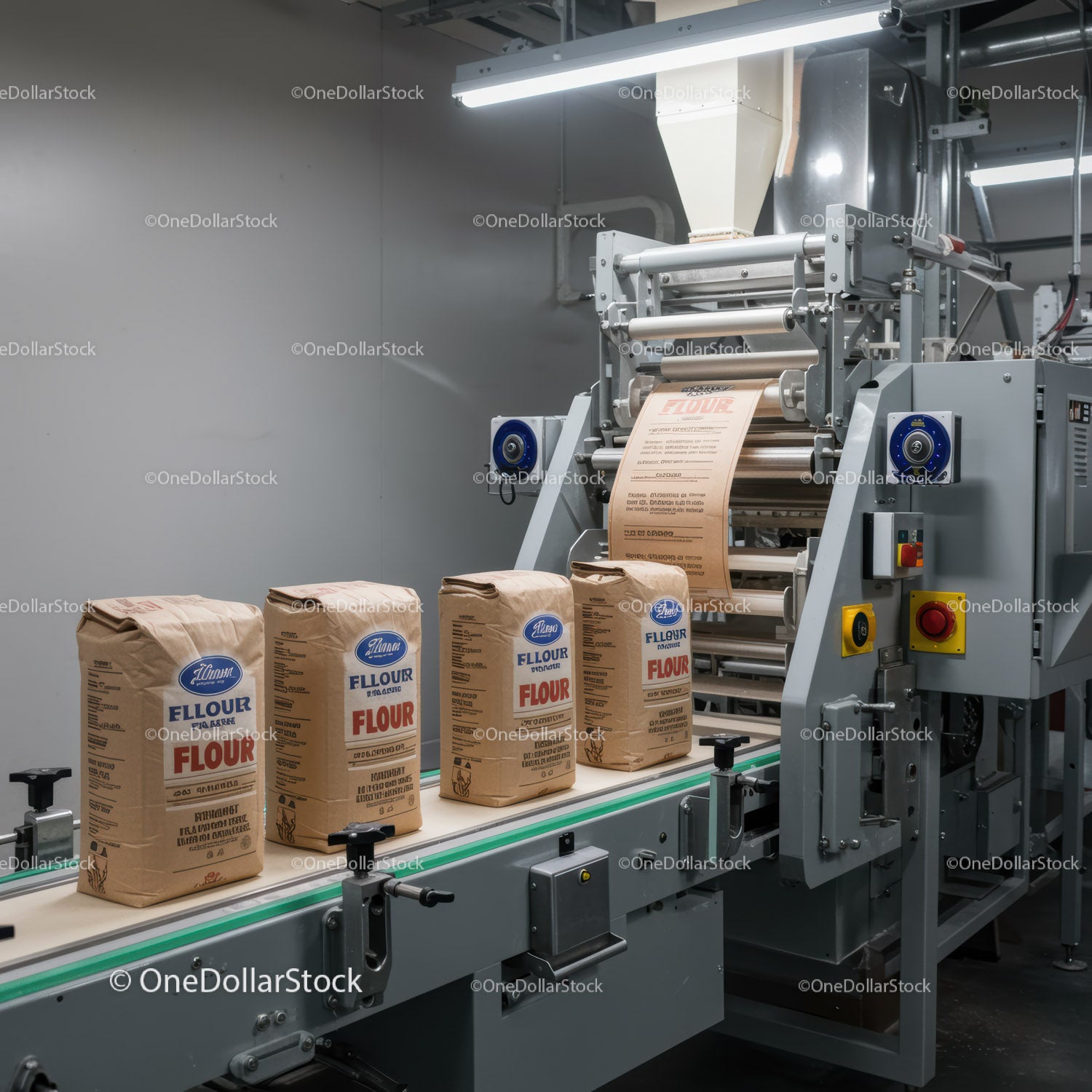 Industrial Flour Packaging on Conveyor Belt