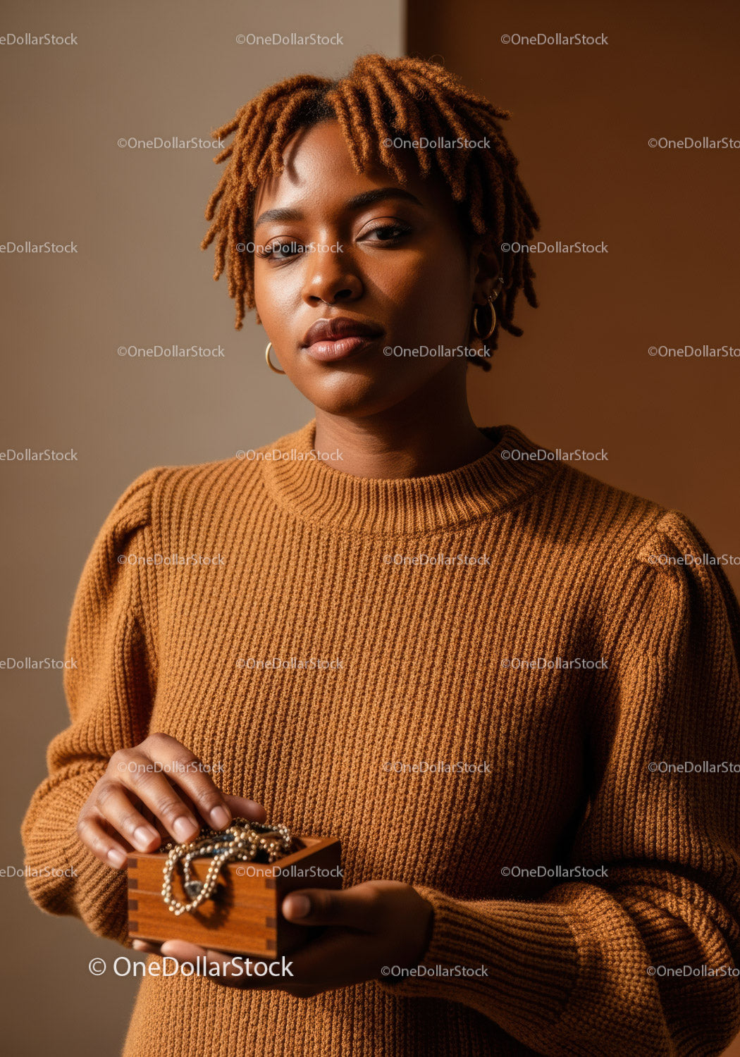 Stylish Woman in Beige Sweater Holding Jewelry Box with Pearls