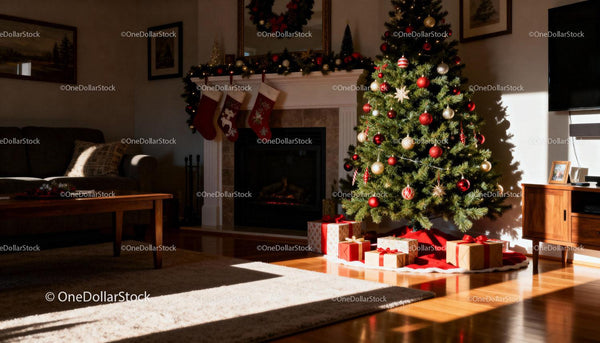 Cozy living room with decorated Christmas tree and fireplace