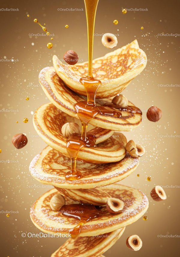 Stack of fluffy pancakes with syrup and hazelnuts