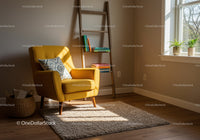 Cozy reading nook with yellow armchair and natural light