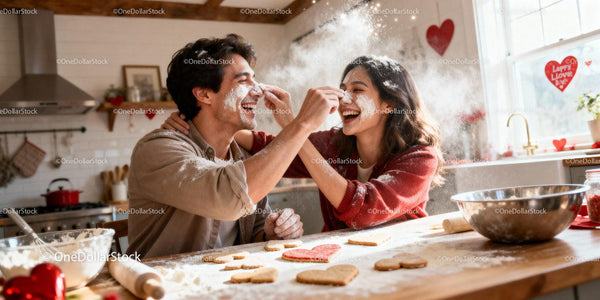 Couple Playfully Baking Heart-Shaped Cookies Together
